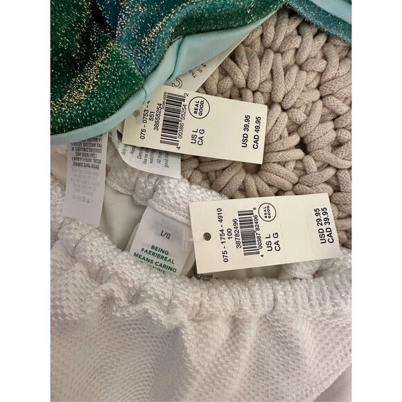 Aerie Green Shimmer Top and White High Cut High Leg Cheeky Bikini Size Large - Picture 2 of 3